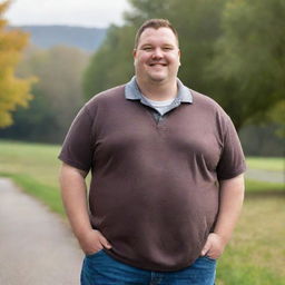 A overweight man, dressed casually, standing outdoors with a warm, friendly smile on his face.