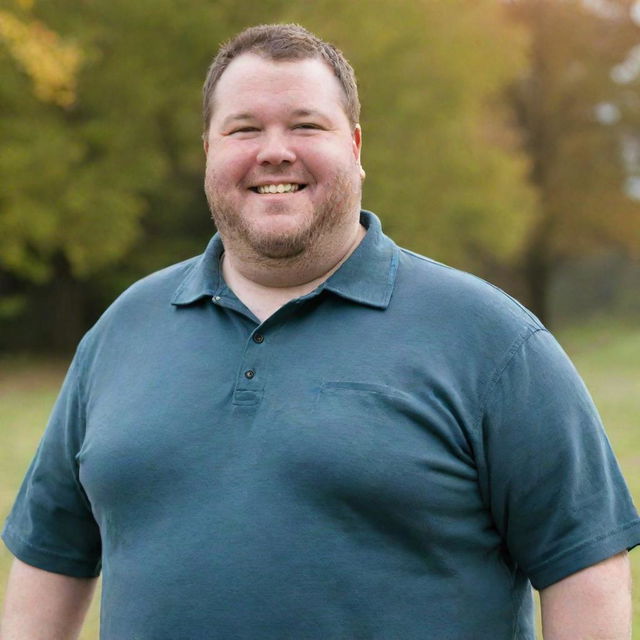 A overweight man, dressed casually, standing outdoors with a warm, friendly smile on his face.