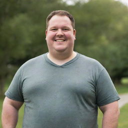 A overweight man, dressed casually, standing outdoors with a warm, friendly smile on his face.