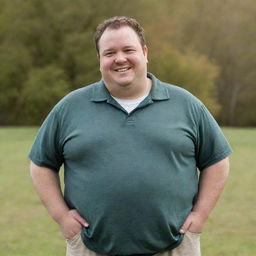 A overweight man, dressed casually, standing outdoors with a warm, friendly smile on his face.