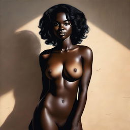 A high-resolution, realistic digital art piece captures the allure of a sexy woman with dark skin