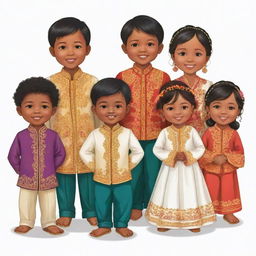 Animated clipart illustrating a vibrant 'cousin gang' at wedding, made up of three boys and five girls. All are dressed in exquisite traditional clothing, reflecting the joyous spirit of the occasion.