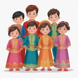 Animated clipart illustrating a vibrant 'cousin gang' at wedding, made up of three boys and five girls. All are dressed in exquisite traditional clothing, reflecting the joyous spirit of the occasion.