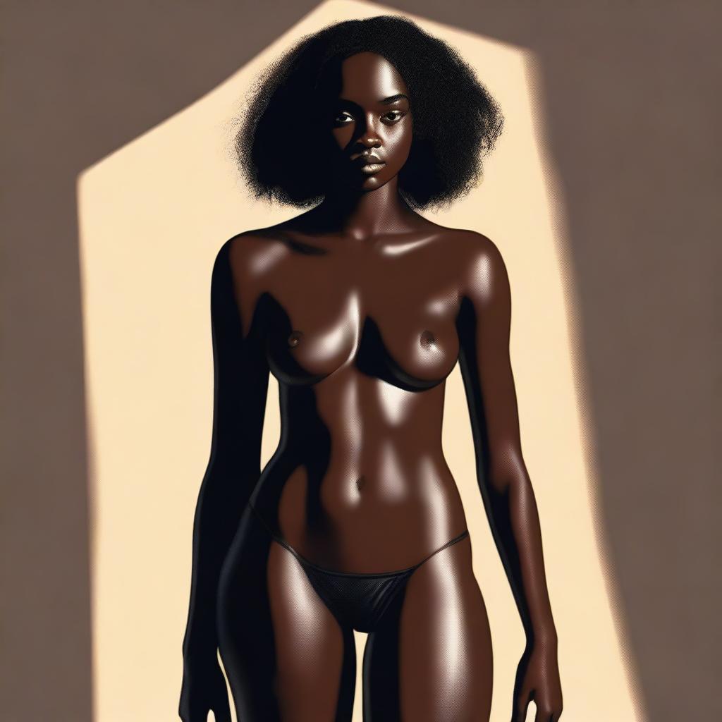 A full body, digital art depiction of a sensual, dark-skinned 18-year-old woman