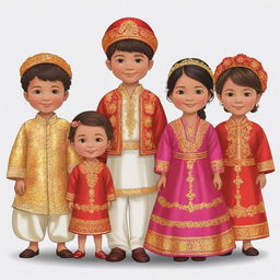 Animated clipart illustrating a vibrant 'cousin gang' at wedding, made up of three boys and five girls. All are dressed in exquisite traditional clothing, reflecting the joyous spirit of the occasion.