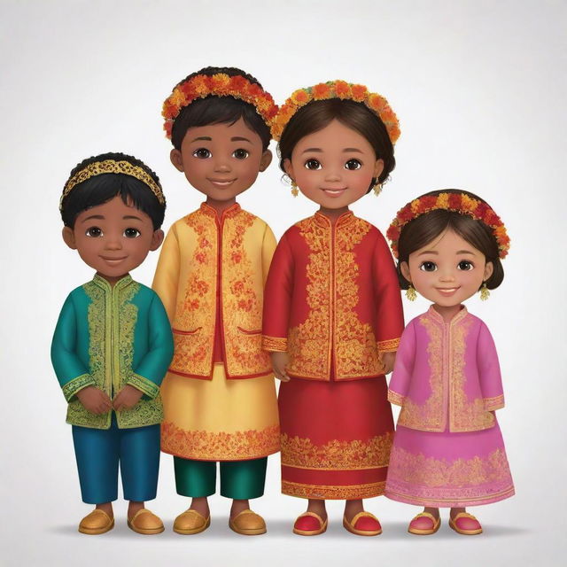 Animated clipart illustrating a vibrant 'cousin gang' at wedding, made up of three boys and five girls. All are dressed in exquisite traditional clothing, reflecting the joyous spirit of the occasion.