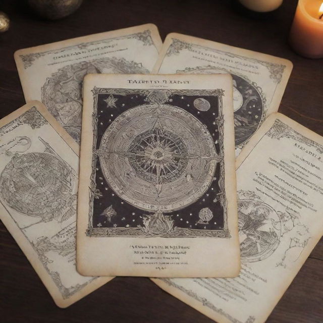 Design a visually compelling and detailed pamphlet for Tarot Reading. Give it a mystic appeal, with hand-drawn tarot cards, magical symbols, and celestial background while keeping it informative and professional.