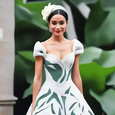 She wore a stunning dress inspired by the elegant shape and texture of the elephant ear leaves.