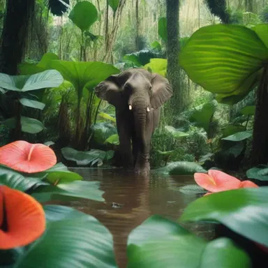 The movie showcased a lush tropical setting, with the protagonist walking through a dense jungle adorned with vibrant elephant ear plants.
