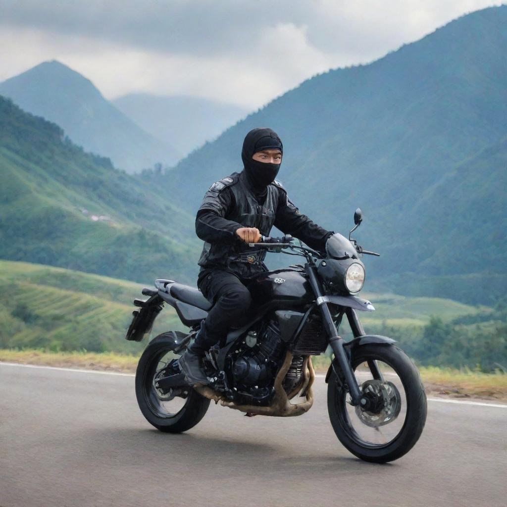 A cool 20-year-old Indonesian man riding a Ninja motorcycle against a mountainous backdrop