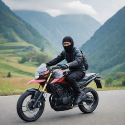 A cool 20-year-old Indonesian man riding a Ninja motorcycle against a mountainous backdrop