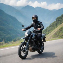 A cool 20-year-old Indonesian man riding a Ninja motorcycle against a mountainous backdrop