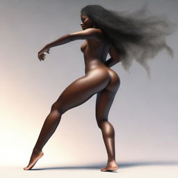 A high-quality digital art image presents a full-body view of a sensual, dark-skinned 18-year-old woman in dynamic motion, as if she's twerking