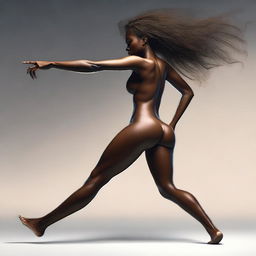 A high-quality digital art image presents a full-body view of a sensual, dark-skinned 18-year-old woman in dynamic motion, as if she's twerking