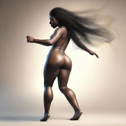 A high-quality digital art image presents a full-body view of a sensual, dark-skinned 18-year-old woman in dynamic motion, as if she's twerking