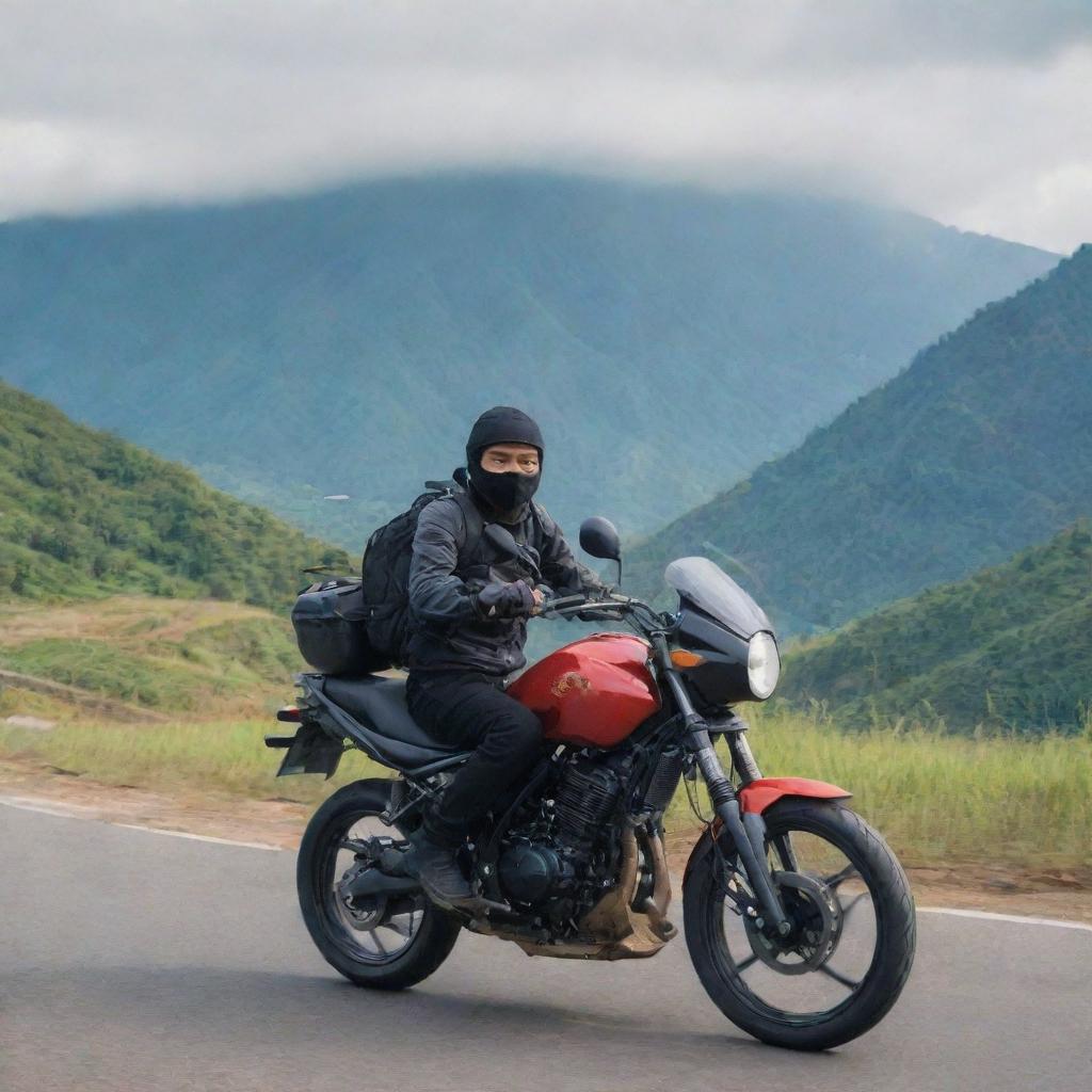 A cool 20-year-old Indonesian man riding a Ninja motorcycle against a mountainous backdrop