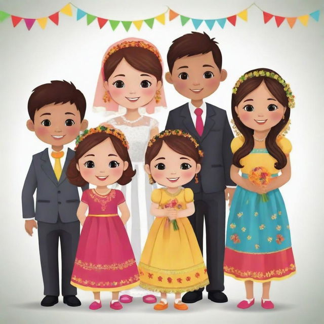 Animated clipart depicting a lively 'cousin gang' at wedding, made up of three boys, five girls, and one younger child. They are adorned in colourfully traditional wedding attire, embodying the festive atmosphere.