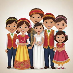 Animated clipart depicting a lively 'cousin gang' at wedding, made up of three boys, five girls, and one younger child. They are adorned in colourfully traditional wedding attire, embodying the festive atmosphere.