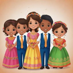 Animated clipart depicting a lively 'cousin gang' at wedding, made up of three boys, five girls, and one younger child. They are adorned in colourfully traditional wedding attire, embodying the festive atmosphere.