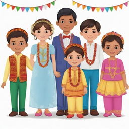 Animated clipart depicting a lively 'cousin gang' at wedding, made up of three boys, five girls, and one younger child. They are adorned in colourfully traditional wedding attire, embodying the festive atmosphere.