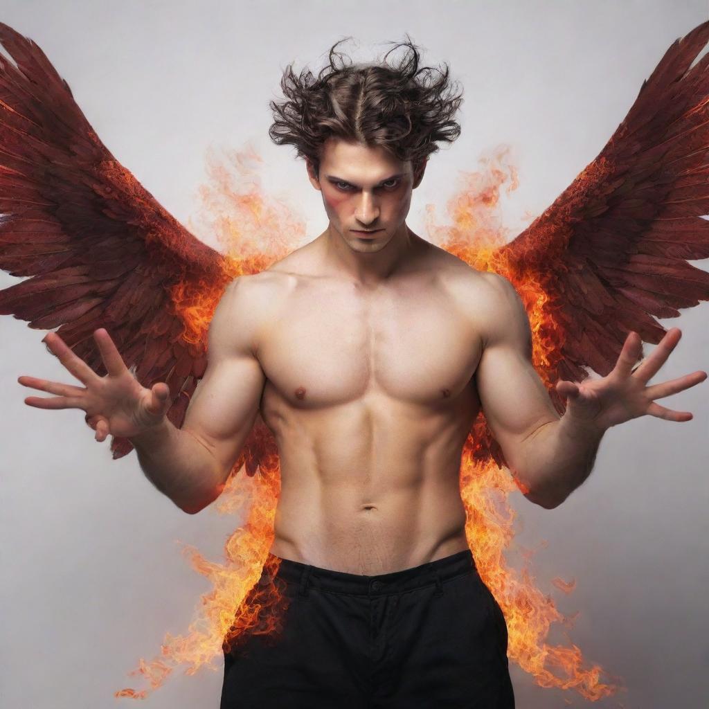 Create an image of a man with fiery wings, red eyes, four hands each bearing five fingers, and thick hair.