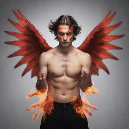 Create an image of a man with fiery wings, red eyes, four hands each bearing five fingers, and thick hair.