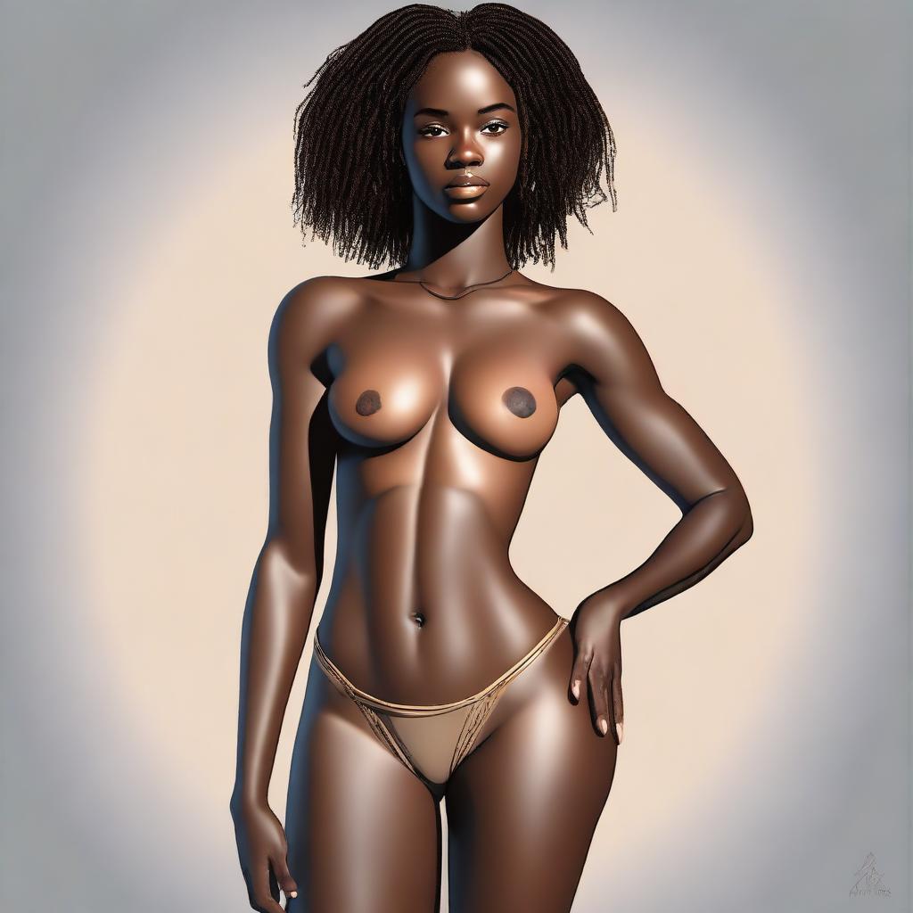 This digital art image features a full-bodied, dark-skinned 18-year-old woman