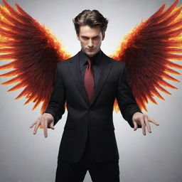 Create an image of a man with fiery wings, red eyes, four hands each bearing five fingers, and thick hair.