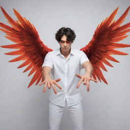 Create an image of a man with fiery wings, red eyes, four hands each bearing five fingers, and thick hair.