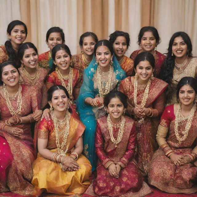 A group of eight cousins, five girls and three boys, dressed in colorful, traditional Indian wedding attire, laughing and interacting joyfully at an Indian wedding ceremony.