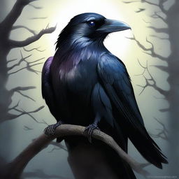 A high-quality digital art image portrays a raven folk Sorcerer, his black feathers gleaming in the moonlight