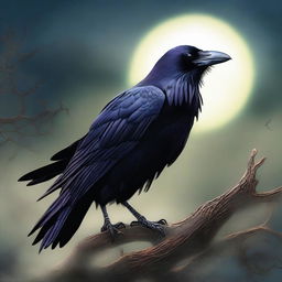 A high-quality digital art image portrays a raven folk Sorcerer, his black feathers gleaming in the moonlight