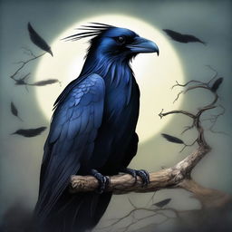 A high-quality digital art image portrays a raven folk Sorcerer, his black feathers gleaming in the moonlight