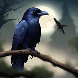 A high-quality digital art image portrays a raven folk Sorcerer, his black feathers gleaming in the moonlight