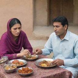 A Pakistani husband and wife enjoying lunch at a traditional setting, with the sister seated across, displaying a visibly upset expression