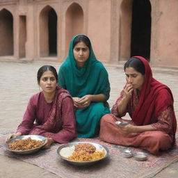 A Pakistani husband and wife enjoying lunch at a traditional setting, with the sister seated across, displaying a visibly upset expression