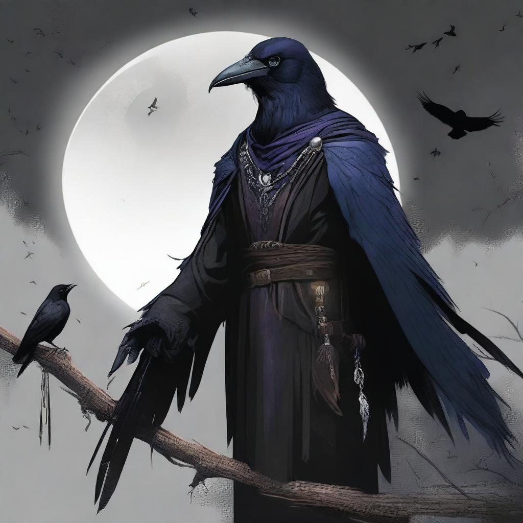 A top-notch digital art image vividly depicts a raven folk Sorcerer