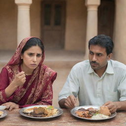 A Pakistani husband and wife enjoying lunch at a traditional setting, with the sister seated across, displaying a visibly upset expression