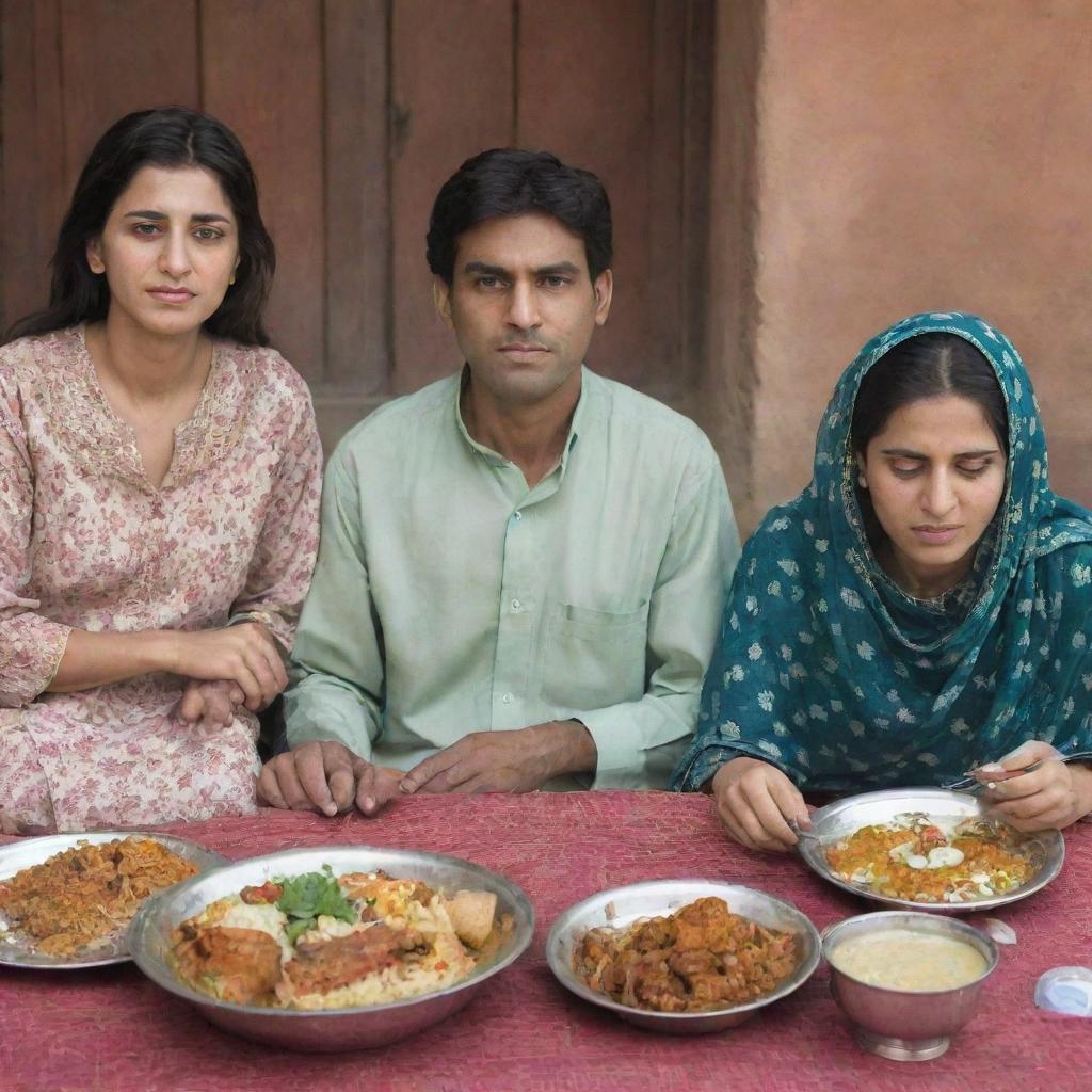 A Pakistani husband and wife enjoying lunch at a traditional setting, with the sister seated across, displaying a visibly upset expression