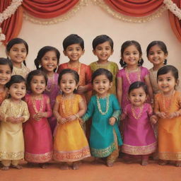 An animated, whimsical portrayal of a group of eight cousins, five girls and three boys, dressed in vibrant, traditional Indian wedding attire, laughing and interacting joyfully at an Indian wedding ceremony.