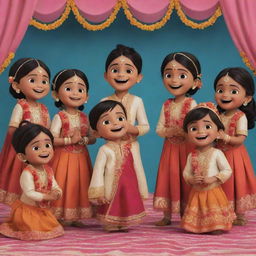 An animated, whimsical portrayal of a group of eight cousins, five girls and three boys, dressed in vibrant, traditional Indian wedding attire, laughing and interacting joyfully at an Indian wedding ceremony.