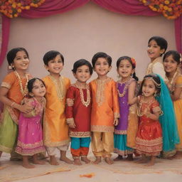 An animated, whimsical portrayal of a group of eight cousins, five girls and three boys, dressed in vibrant, traditional Indian wedding attire, laughing and interacting joyfully at an Indian wedding ceremony.