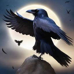 This striking digital art image features a raven folk Sorcerer, a humanoid entity with a raven's head, black feathers, and wings