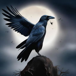 This striking digital art image features a raven folk Sorcerer, a humanoid entity with a raven's head, black feathers, and wings