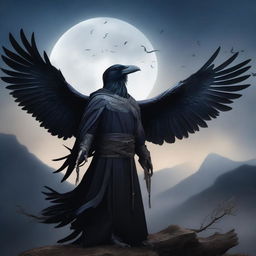 This striking digital art image features a raven folk Sorcerer, a humanoid entity with a raven's head, black feathers, and wings