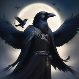 This striking digital art image features a raven folk Sorcerer, a humanoid entity with a raven's head, black feathers, and wings