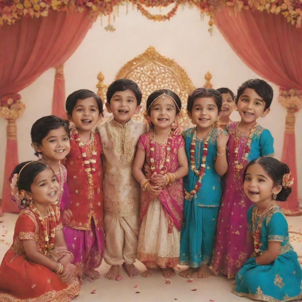 An animated, whimsical portrayal of a group of eight cousins, five girls and three boys, dressed in vibrant, traditional Indian wedding attire, laughing and interacting joyfully at an Indian wedding ceremony.