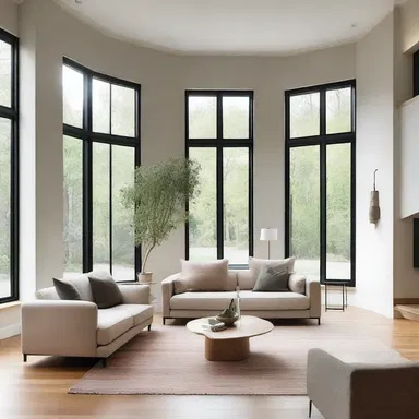 The living room featured knee-length windows that flooded the space with natural light.