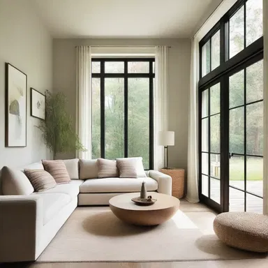 The living room featured knee-length windows that flooded the space with natural light.