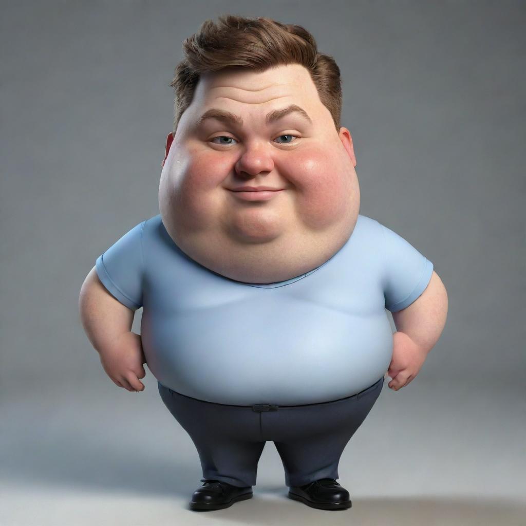 A 3D caricature of a humorous, overweight 25-year-old male